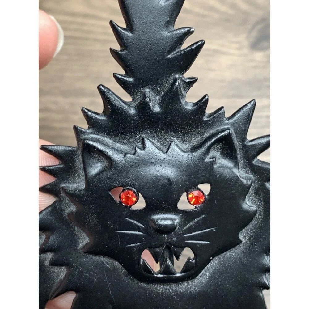 Vintage JJ Signed Pewter Rhinestone Halloween Scaredy Cat Brooch Pin Goth